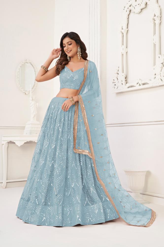 Aastha Fashion Sky Blue Butterfly Net Tone To Tone Cotton Thread Work With Sequence Work Embroidery Wedding Wear Lehenga Choli | Grocsy