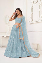 Aastha Fashion Sky Blue Butterfly Net Tone To Tone Cotton Thread Work With Sequence Work Embroidery Wedding Wear Lehenga Choli | Grocsy