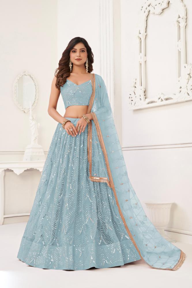 Aastha Fashion Sky Blue Butterfly Net Tone To Tone Cotton Thread Work With Sequence Work Embroidery Wedding Wear Lehenga Choli | Grocsy