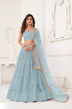 Aastha Fashion Sky Blue Butterfly Net Tone To Tone Cotton Thread Work With Sequence Work Embroidery Wedding Wear Lehenga Choli | Grocsy