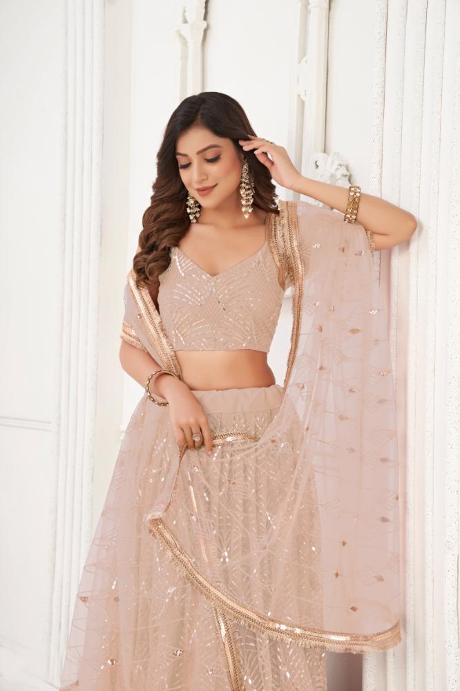 Aastha Fashion Peach Butterfly Net Tone To Tone Cotton Thread Work With Sequence Work Embroidery Wedding Wear Lehenga Choli | Grocsy
