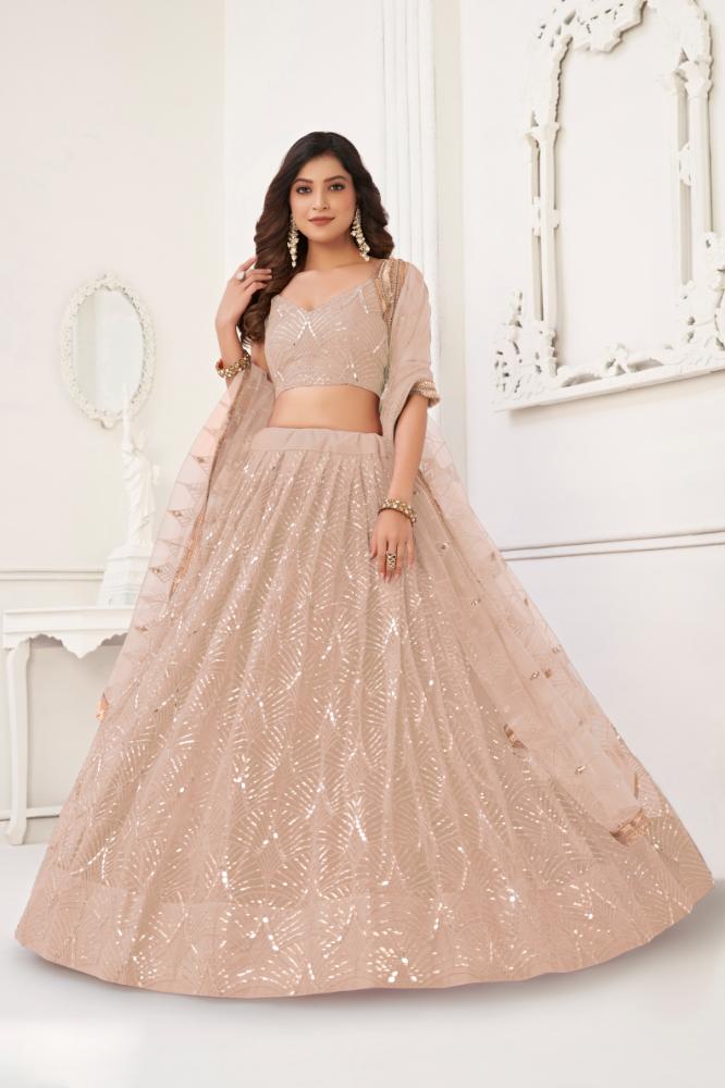 Aastha Fashion Peach Butterfly Net Tone To Tone Cotton Thread Work With Sequence Work Embroidery Wedding Wear Lehenga Choli | Grocsy