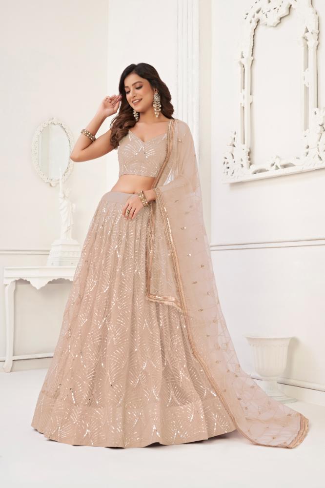 Aastha Fashion Peach Butterfly Net Tone To Tone Cotton Thread Work With Sequence Work Embroidery Wedding Wear Lehenga Choli | Grocsy