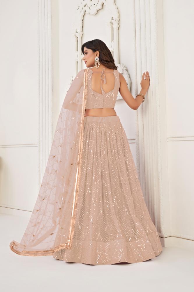 Aastha Fashion Peach Butterfly Net Tone To Tone Cotton Thread Work With Sequence Work Embroidery Wedding Wear Lehenga Choli | Grocsy