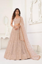 Aastha Fashion Peach Butterfly Net Tone To Tone Cotton Thread Work With Sequence Work Embroidery Wedding Wear Lehenga Choli | Grocsy