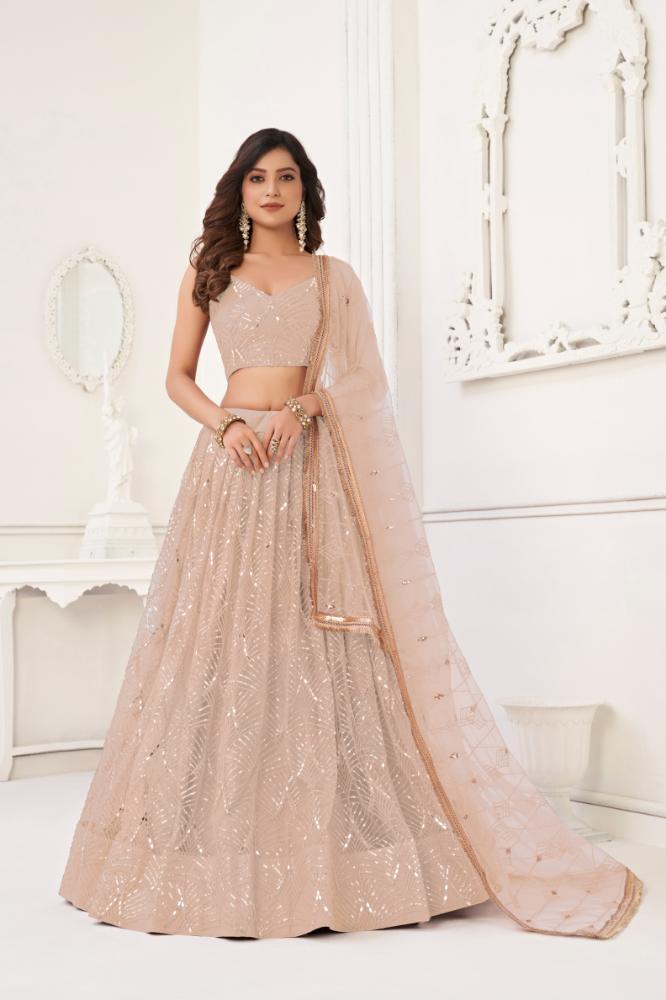 Aastha Fashion Peach Butterfly Net Tone To Tone Cotton Thread Work With Sequence Work Embroidery Wedding Wear Lehenga Choli | Grocsy