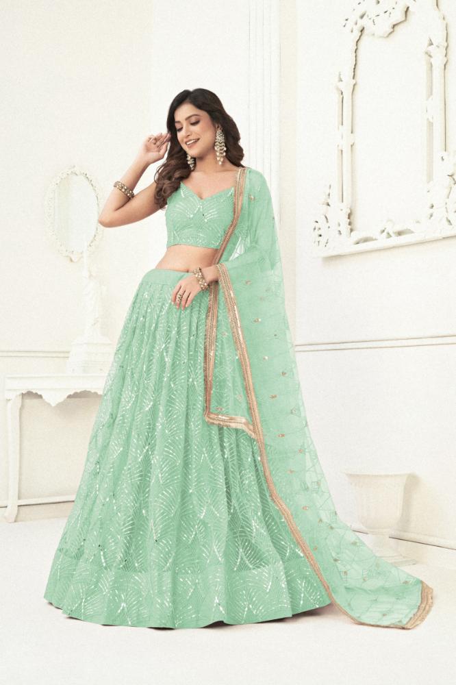Aastha Fashion Sea Green Butterfly Net Tone To Tone Cotton Thread Work With Sequence Work Embroidery Wedding Wear Lehenga Choli | Grocsy