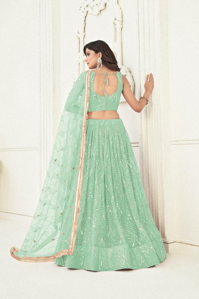 Aastha Fashion Sea Green Butterfly Net Tone To Tone Cotton Thread Work With Sequence Work Embroidery Wedding Wear Lehenga Choli | Grocsy