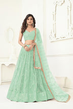 Aastha Fashion Sea Green Butterfly Net Tone To Tone Cotton Thread Work With Sequence Work Embroidery Wedding Wear Lehenga Choli | Grocsy