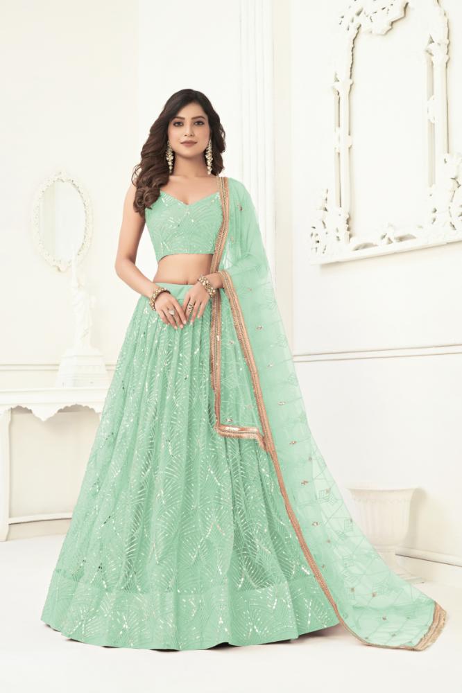 Aastha Fashion Sea Green Butterfly Net Tone To Tone Cotton Thread Work With Sequence Work Embroidery Wedding Wear Lehenga Choli | Grocsy