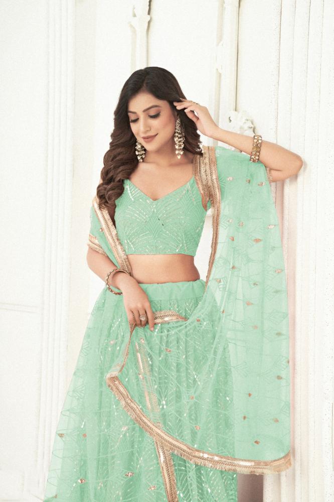 Aastha Fashion Sea Green Butterfly Net Tone To Tone Cotton Thread Work With Sequence Work Embroidery Wedding Wear Lehenga Choli | Grocsy