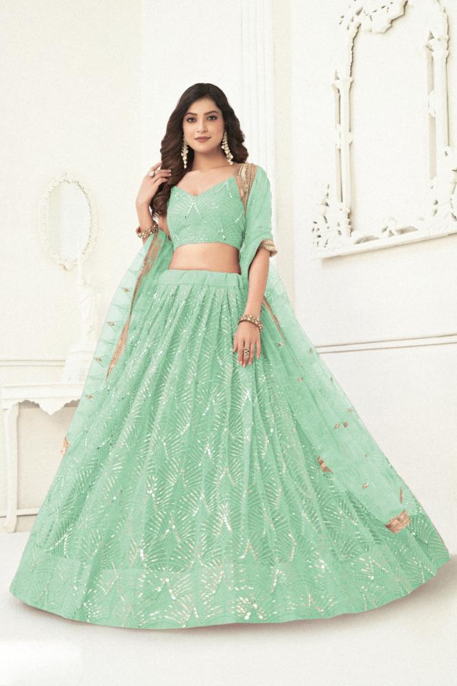 Aastha Fashion Sea Green Butterfly Net Tone To Tone Cotton Thread Work With Sequence Work Embroidery Wedding Wear Lehenga Choli | Grocsy