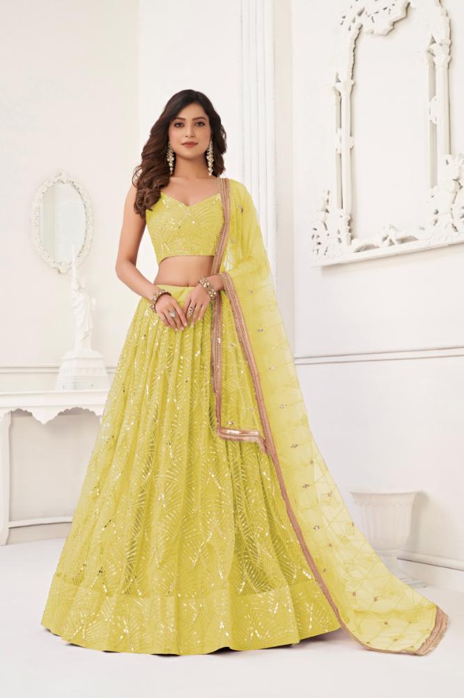 Aastha Fashion Lemon Yellow Butterfly Net Tone To Tone Cotton Thread Work With Sequence Work Embroidery Wedding Wear Lehenga Choli | Grocsy