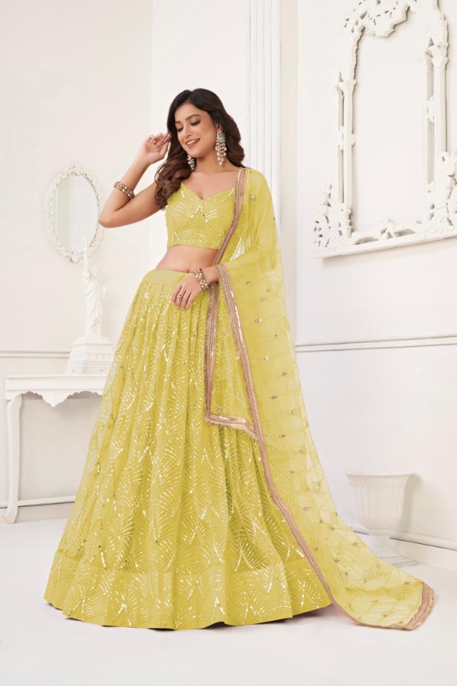 Aastha Fashion Lemon Yellow Butterfly Net Tone To Tone Cotton Thread Work With Sequence Work Embroidery Wedding Wear Lehenga Choli | Grocsy