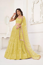 Aastha Fashion Lemon Yellow Butterfly Net Tone To Tone Cotton Thread Work With Sequence Work Embroidery Wedding Wear Lehenga Choli | Grocsy