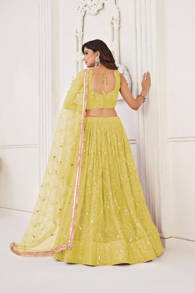 Aastha Fashion Lemon Yellow Butterfly Net Tone To Tone Cotton Thread Work With Sequence Work Embroidery Wedding Wear Lehenga Choli | Grocsy