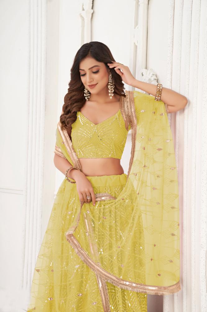 Aastha Fashion Lemon Yellow Butterfly Net Tone To Tone Cotton Thread Work With Sequence Work Embroidery Wedding Wear Lehenga Choli | Grocsy