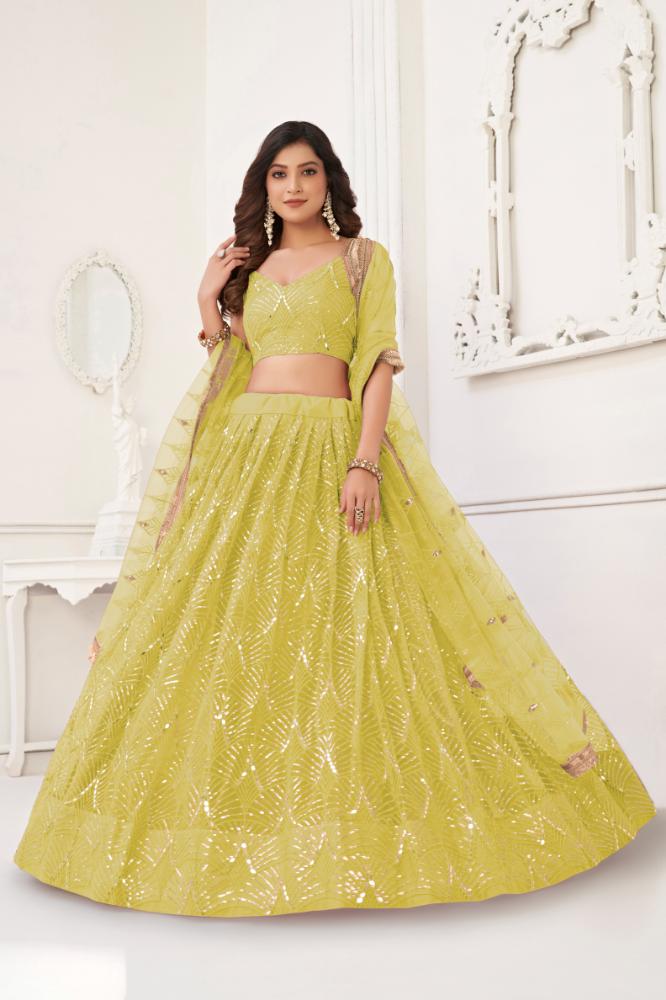 Aastha Fashion Lemon Yellow Butterfly Net Tone To Tone Cotton Thread Work With Sequence Work Embroidery Wedding Wear Lehenga Choli | Grocsy