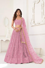 Aastha Fashion Dusty Pink Butterfly Net Tone To Tone Cotton Thread Work With Sequence Work Embroidery Wedding Wear Lehenga Choli | Grocsy