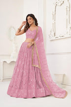 Aastha Fashion Dusty Pink Butterfly Net Tone To Tone Cotton Thread Work With Sequence Work Embroidery Wedding Wear Lehenga Choli | Grocsy