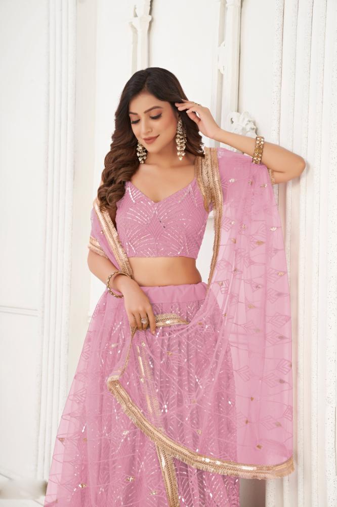 Aastha Fashion Dusty Pink Butterfly Net Tone To Tone Cotton Thread Work With Sequence Work Embroidery Wedding Wear Lehenga Choli | Grocsy