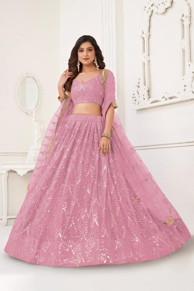 Aastha Fashion Dusty Pink Butterfly Net Tone To Tone Cotton Thread Work With Sequence Work Embroidery Wedding Wear Lehenga Choli | Grocsy
