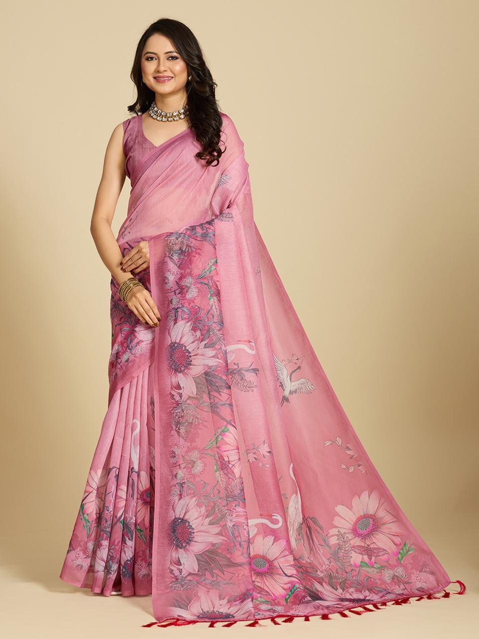 Aastha Fashion Pink Chanderi Cotton Silk Printed Saree | Grocsy