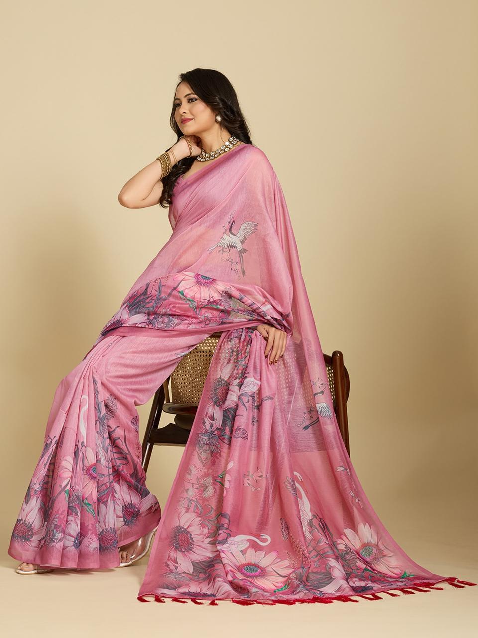 Aastha Fashion Pink Chanderi Cotton Silk Printed Saree | Grocsy