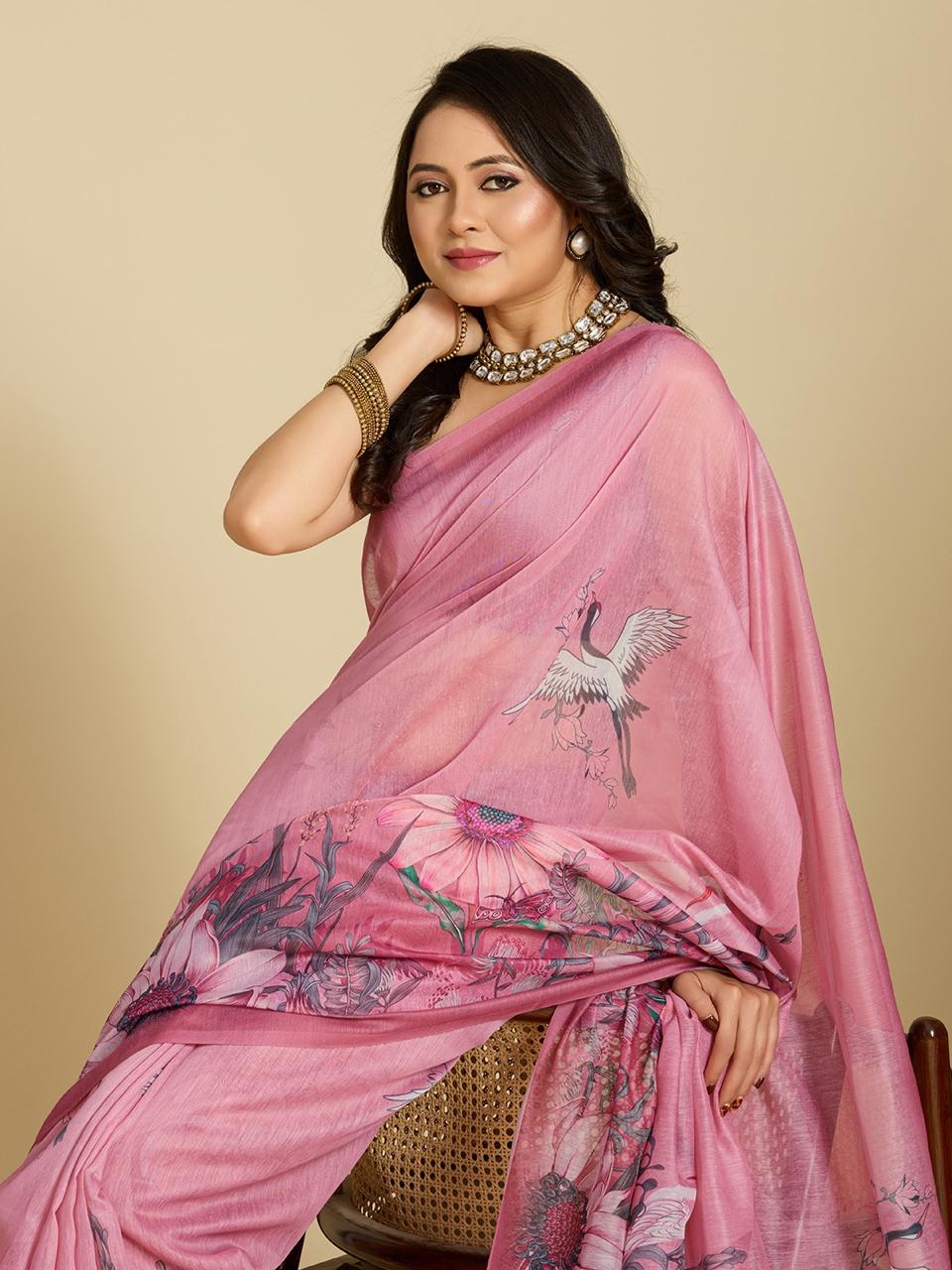 Aastha Fashion Pink Chanderi Cotton Silk Printed Saree | Grocsy