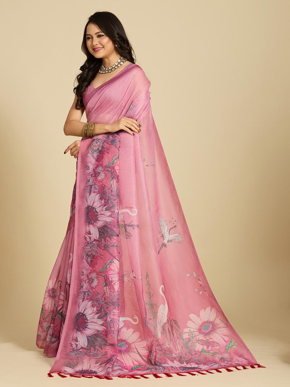 Aastha Fashion Pink Chanderi Cotton Silk Printed Saree | Grocsy