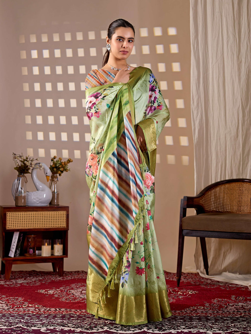 Aastha Fashion Green Soft Lichi Silk Printed Saree | Grocsy