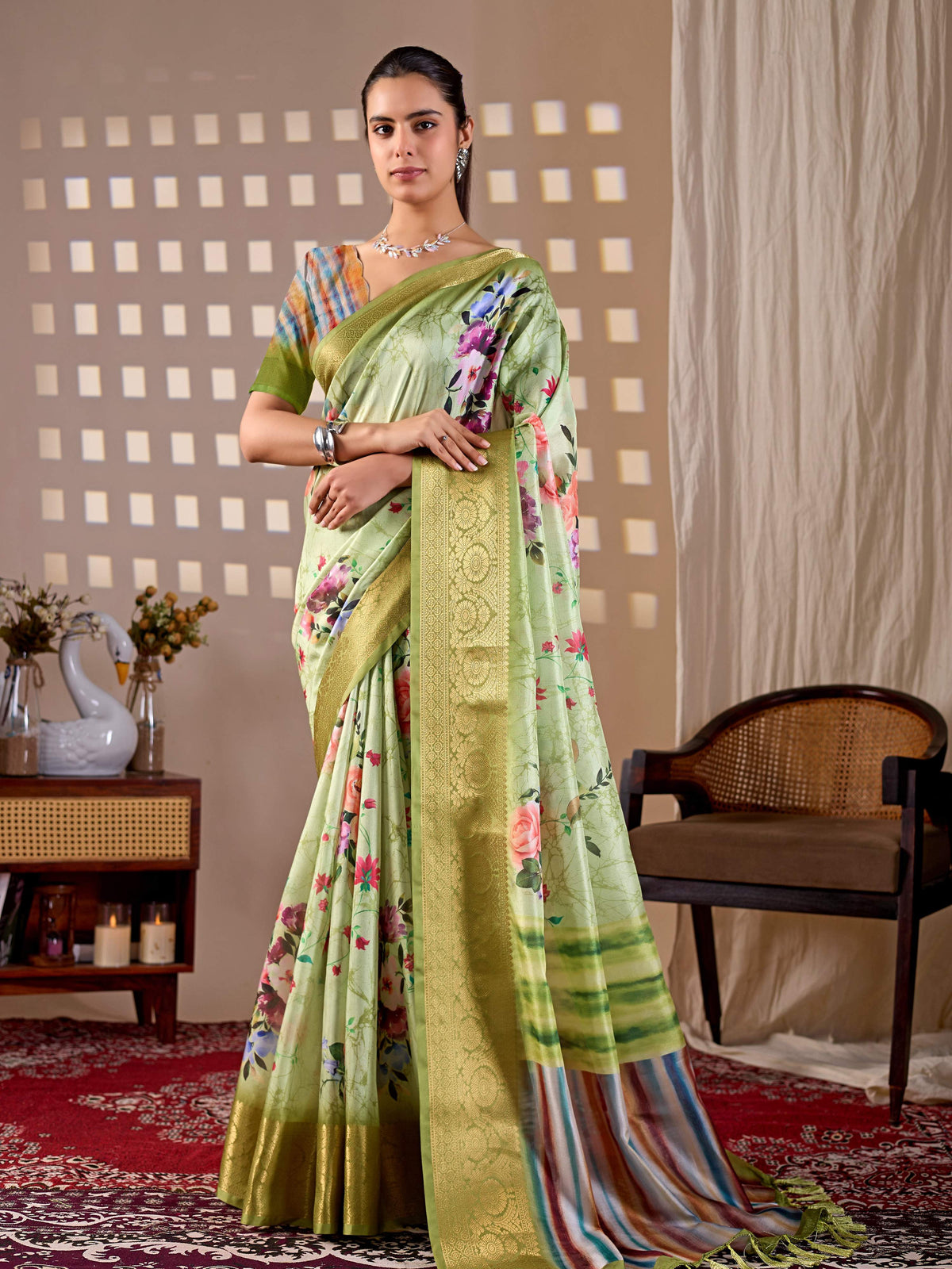 Aastha Fashion Green Soft Lichi Silk Printed Saree | Grocsy