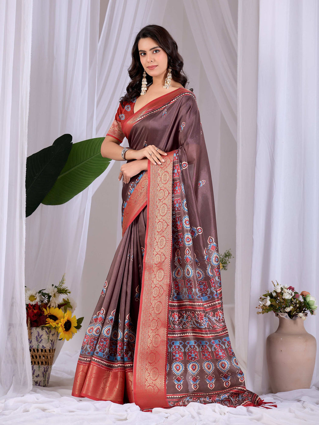 Aastha Fashion Light Brown Soft Lichi Silk Printed Saree | Grocsy