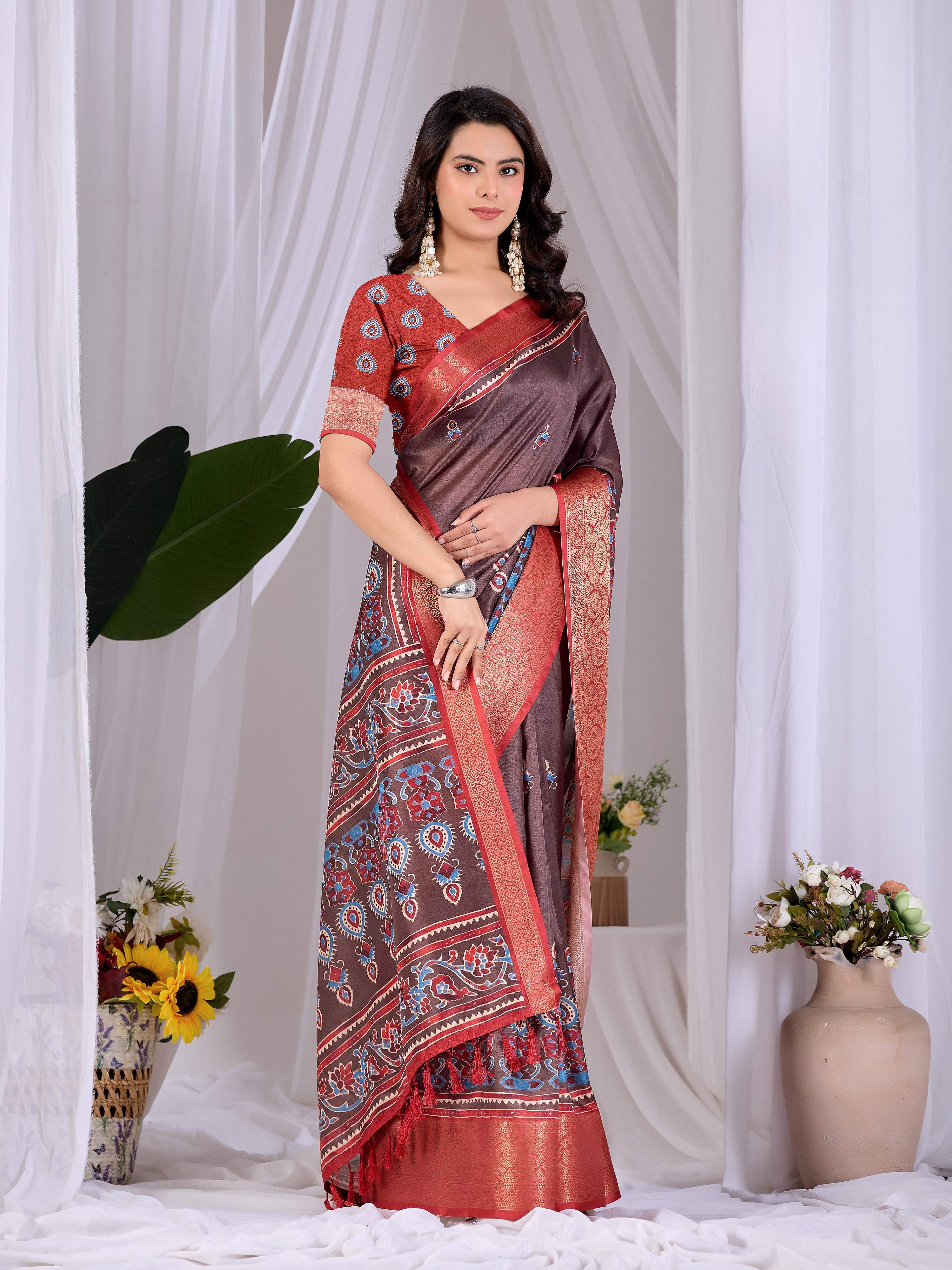 Aastha Fashion Light Brown Soft Lichi Silk Printed Saree | Grocsy
