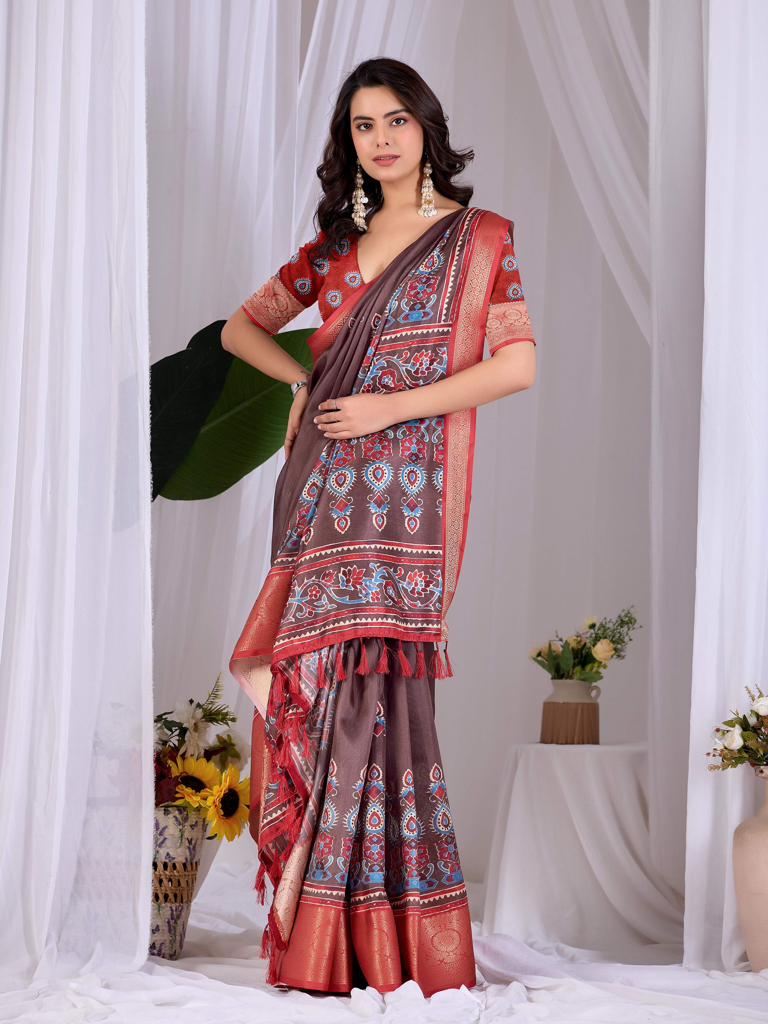 Aastha Fashion Light Brown Soft Lichi Silk Printed Saree | Grocsy