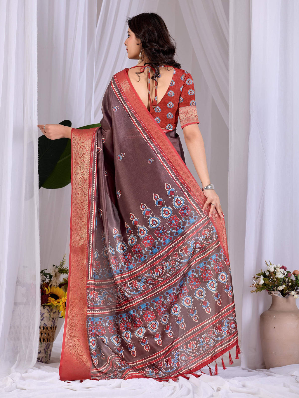 Aastha Fashion Light Brown Soft Lichi Silk Printed Saree | Grocsy