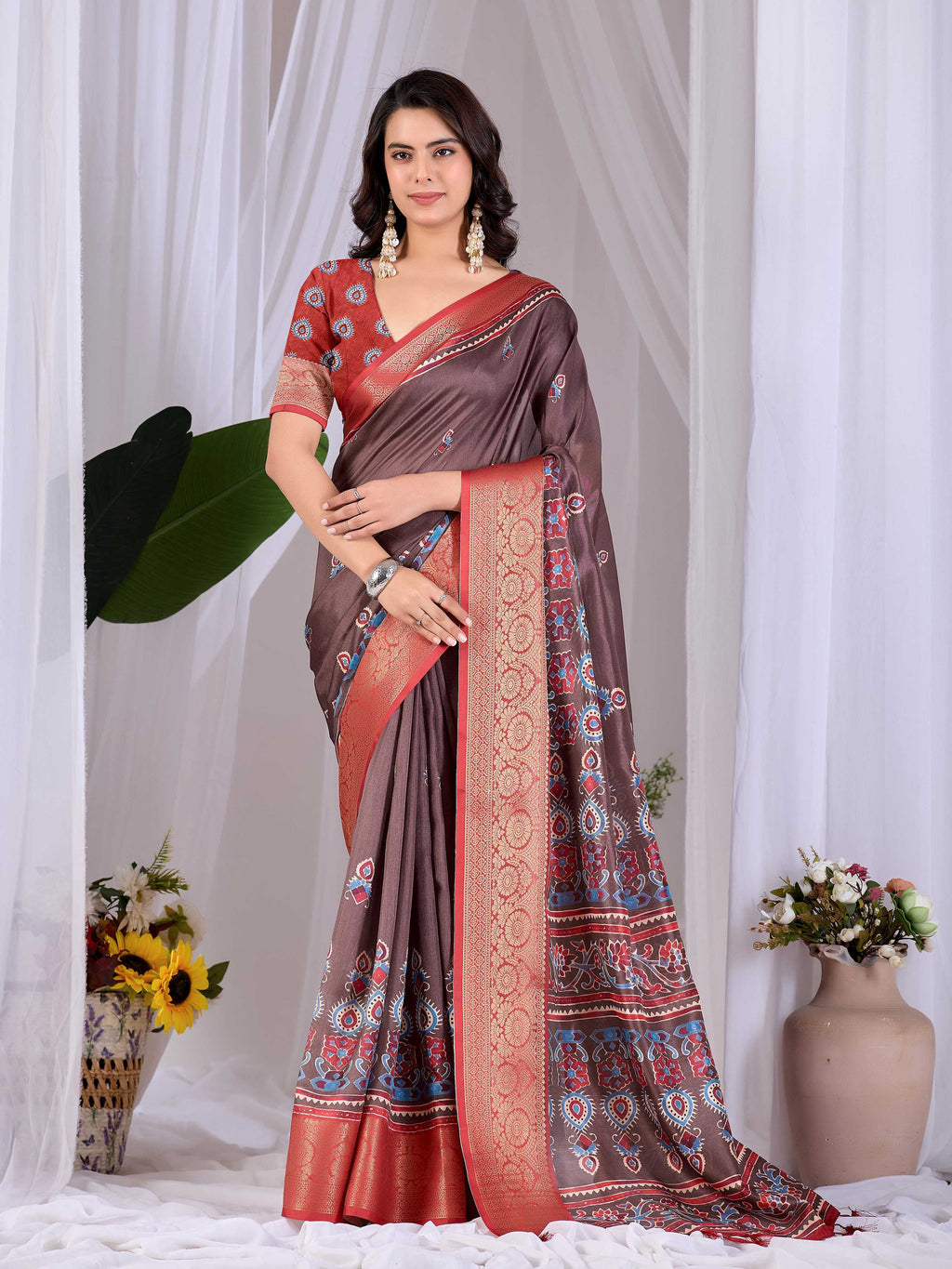 Aastha Fashion Light Brown Soft Lichi Silk Printed Saree | Grocsy