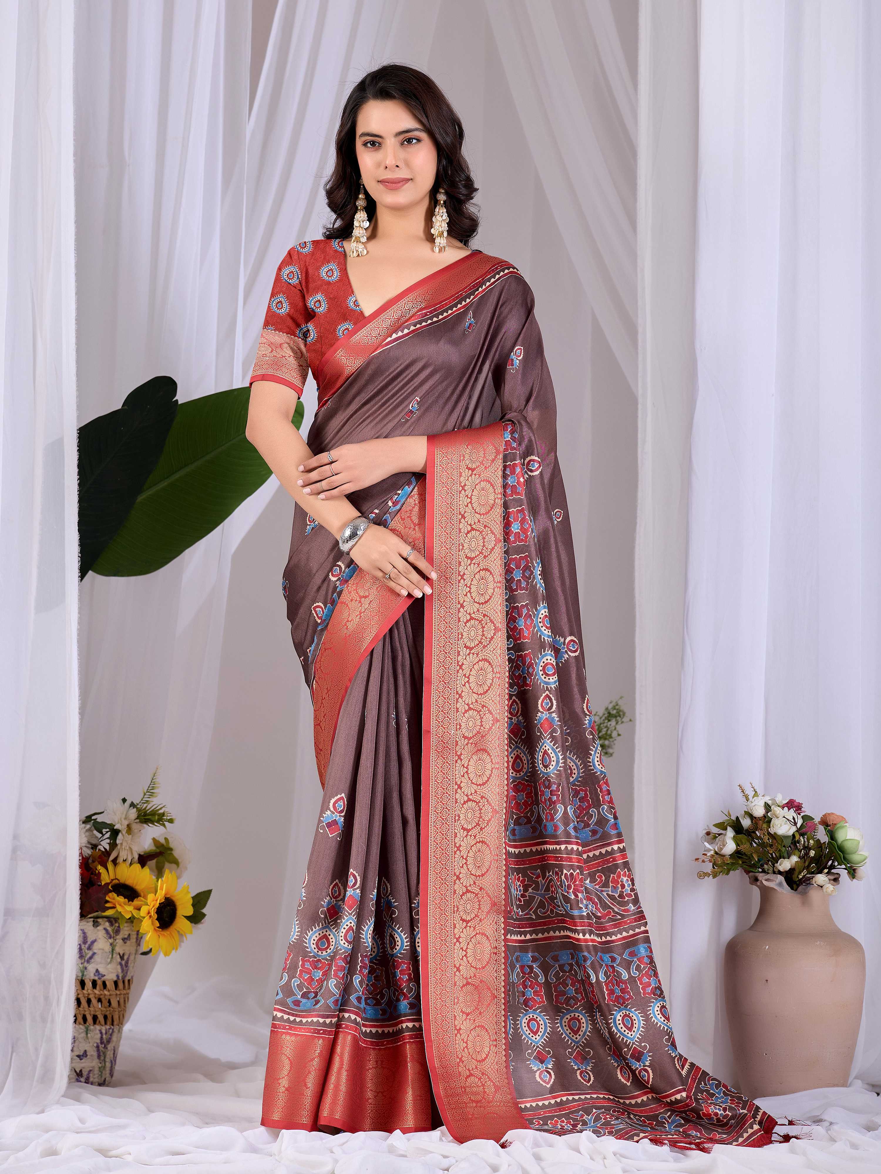 Aastha Fashion Light Brown Soft Lichi Silk Printed Saree | Grocsy