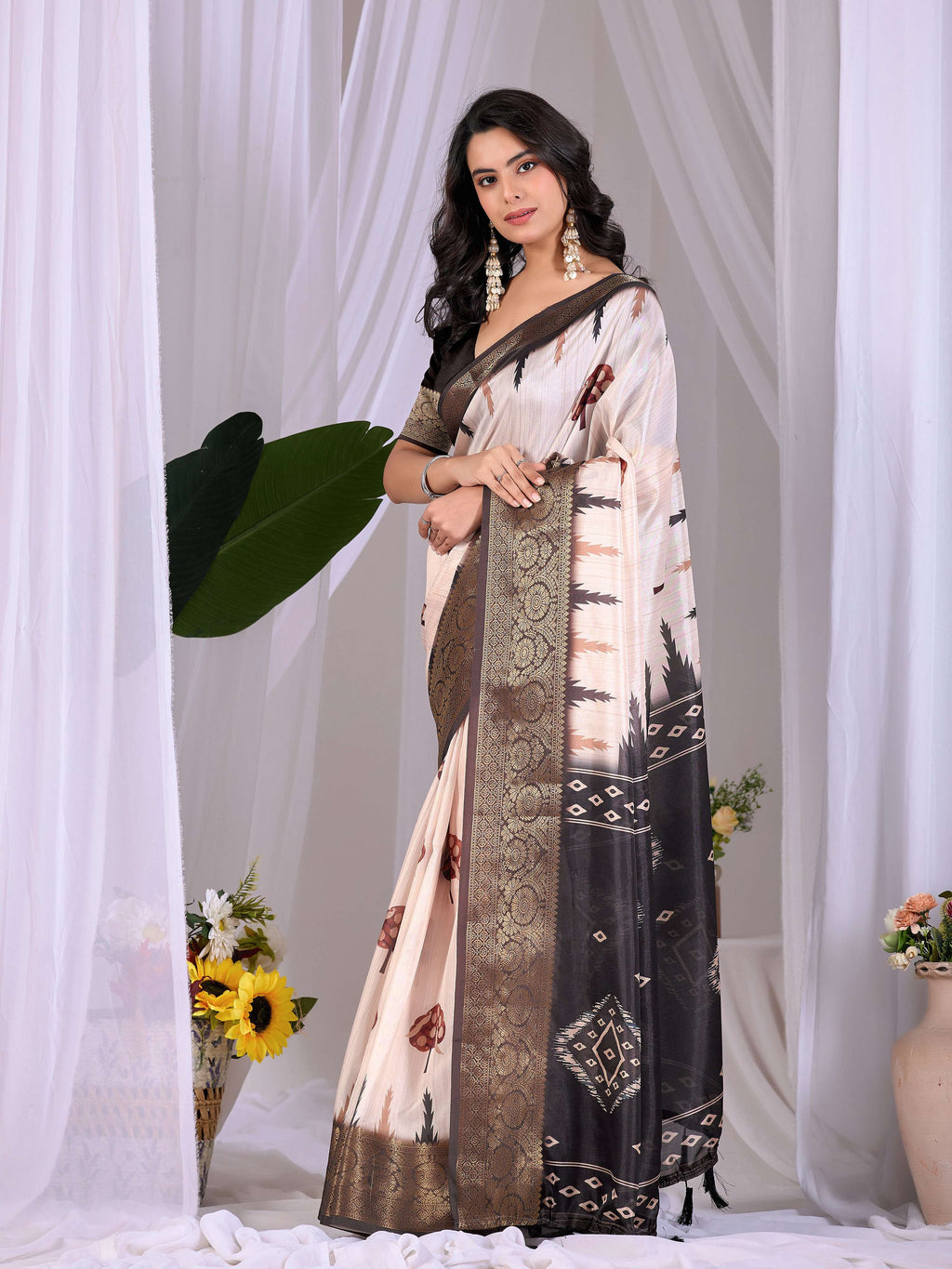 Aastha Fashion Cream Soft Lichi Silk Printed Saree | Grocsy