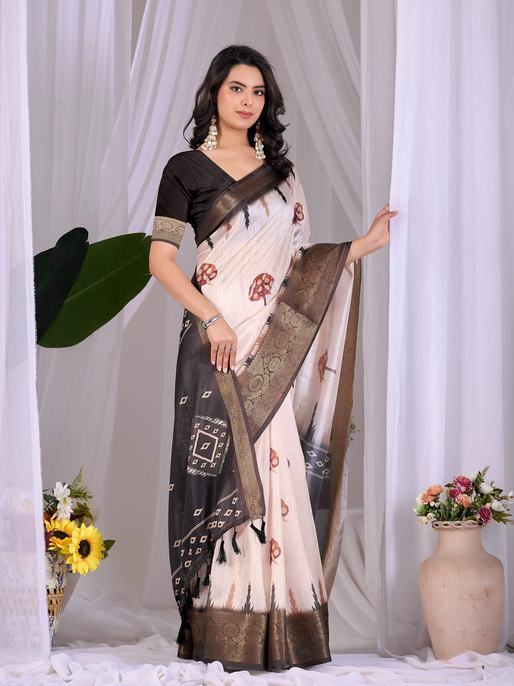 Aastha Fashion Cream Soft Lichi Silk Printed Saree | Grocsy