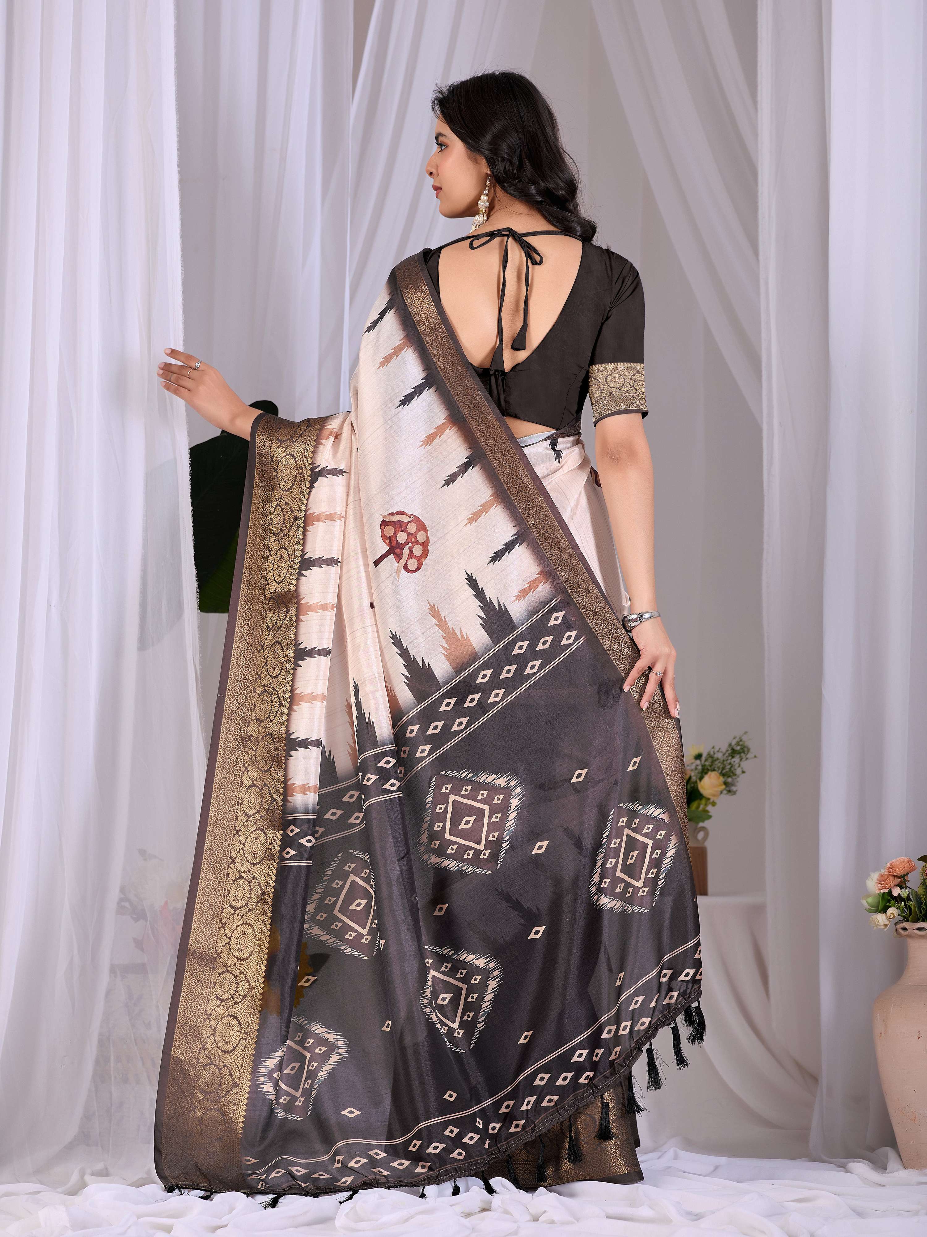 Aastha Fashion Cream Soft Lichi Silk Printed Saree | Grocsy