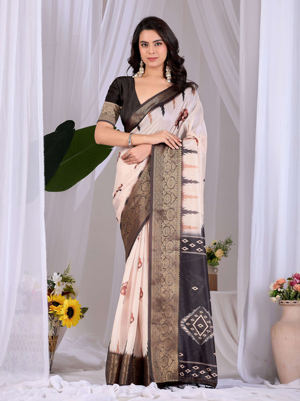 Aastha Fashion Cream Soft Lichi Silk Printed Saree | Grocsy