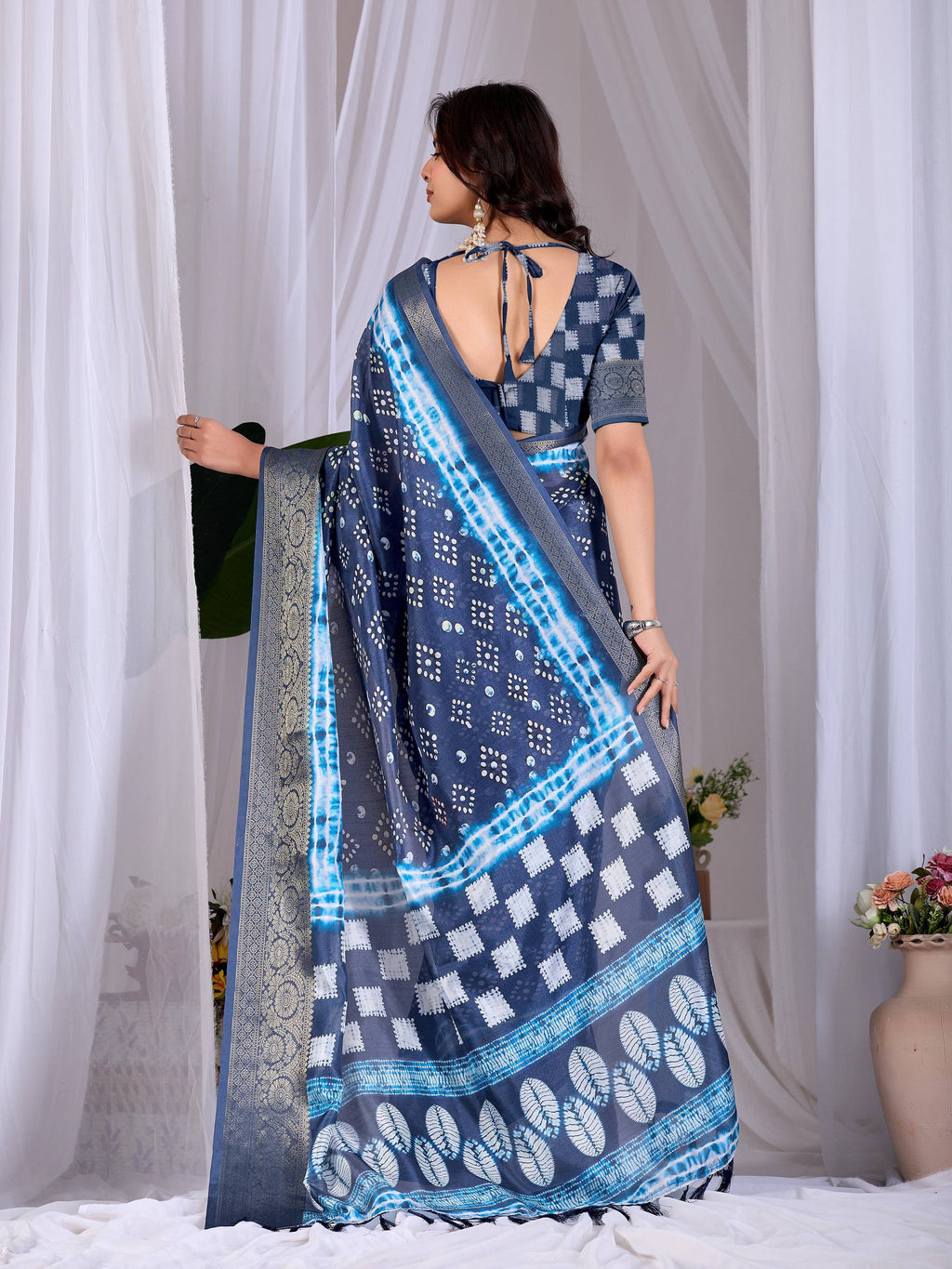 Aastha Fashion Navy Blue Soft Lichi Silk Printed Saree | Grocsy