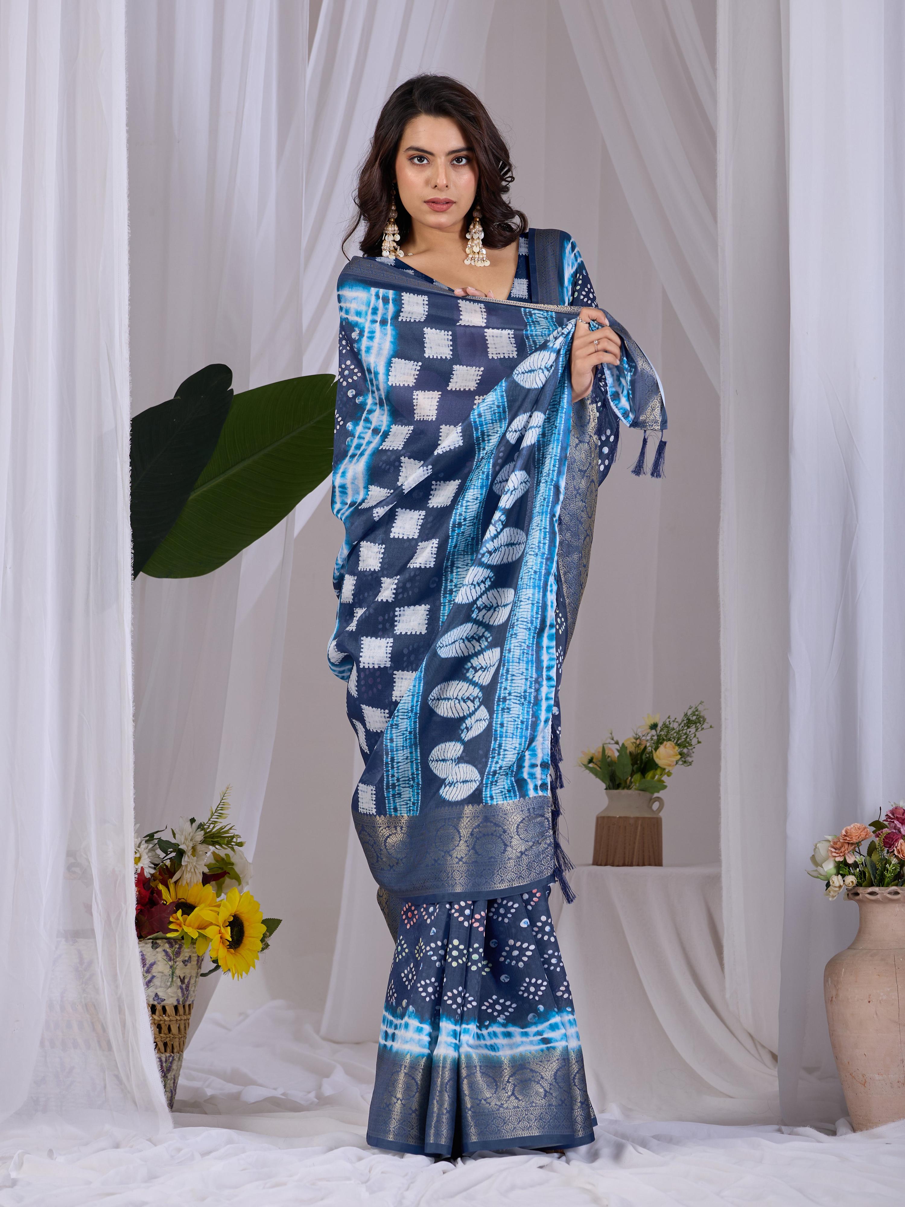 Aastha Fashion Navy Blue Soft Lichi Silk Printed Saree | Grocsy