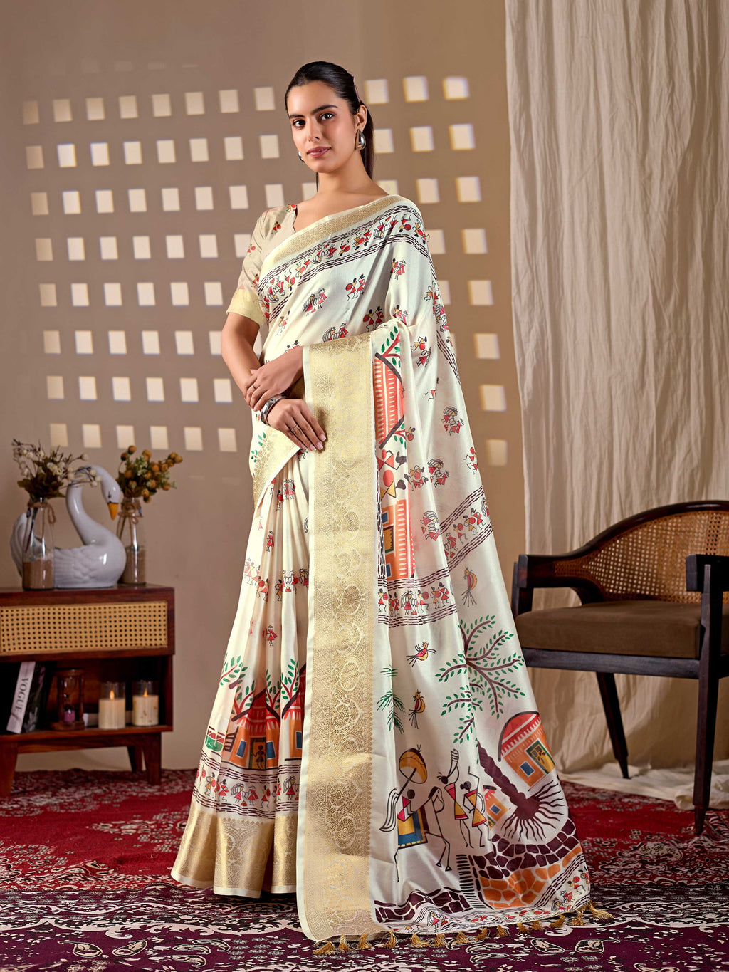 Aastha Fashion Cream Soft Lichi Silk Printed Saree | Grocsy