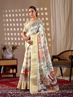 Aastha Fashion Cream Soft Lichi Silk Printed Saree | Grocsy