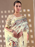 Aastha Fashion Cream Soft Lichi Silk Printed Saree | Grocsy