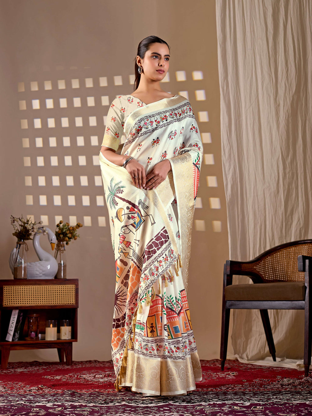 Aastha Fashion Cream Soft Lichi Silk Printed Saree | Grocsy
