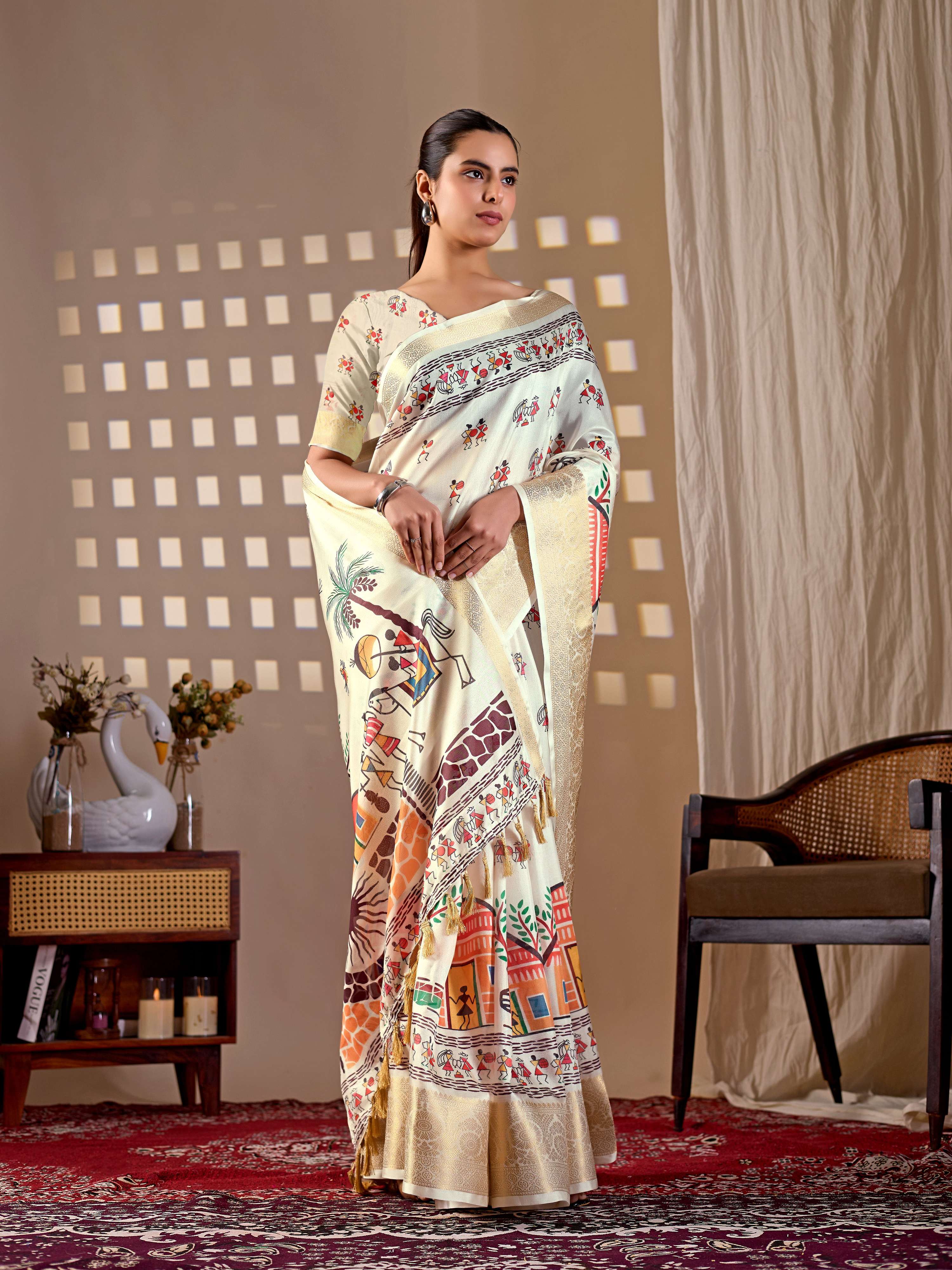 Aastha Fashion Cream Soft Lichi Silk Printed Saree | Grocsy