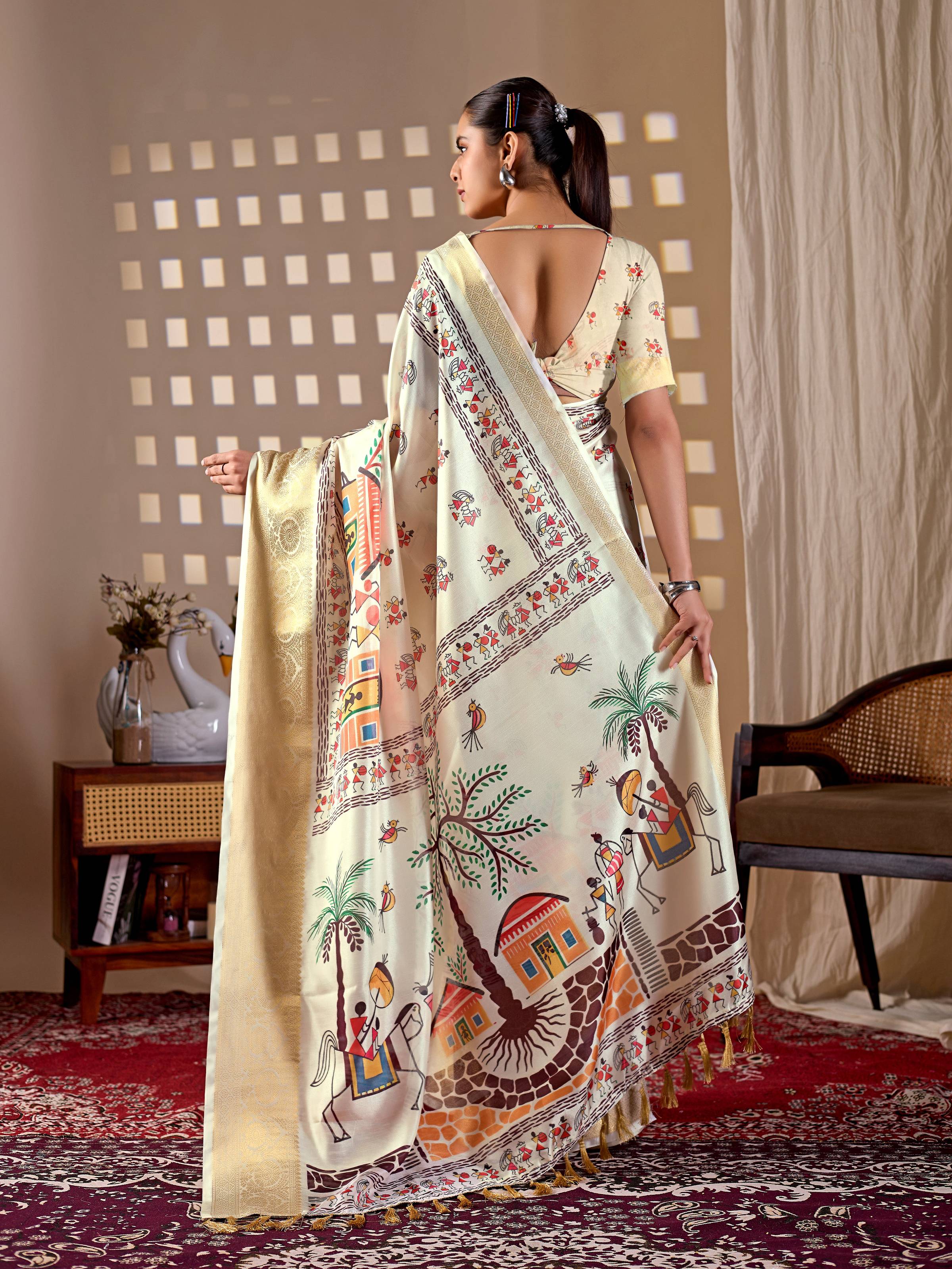 Aastha Fashion Cream Soft Lichi Silk Printed Saree | Grocsy